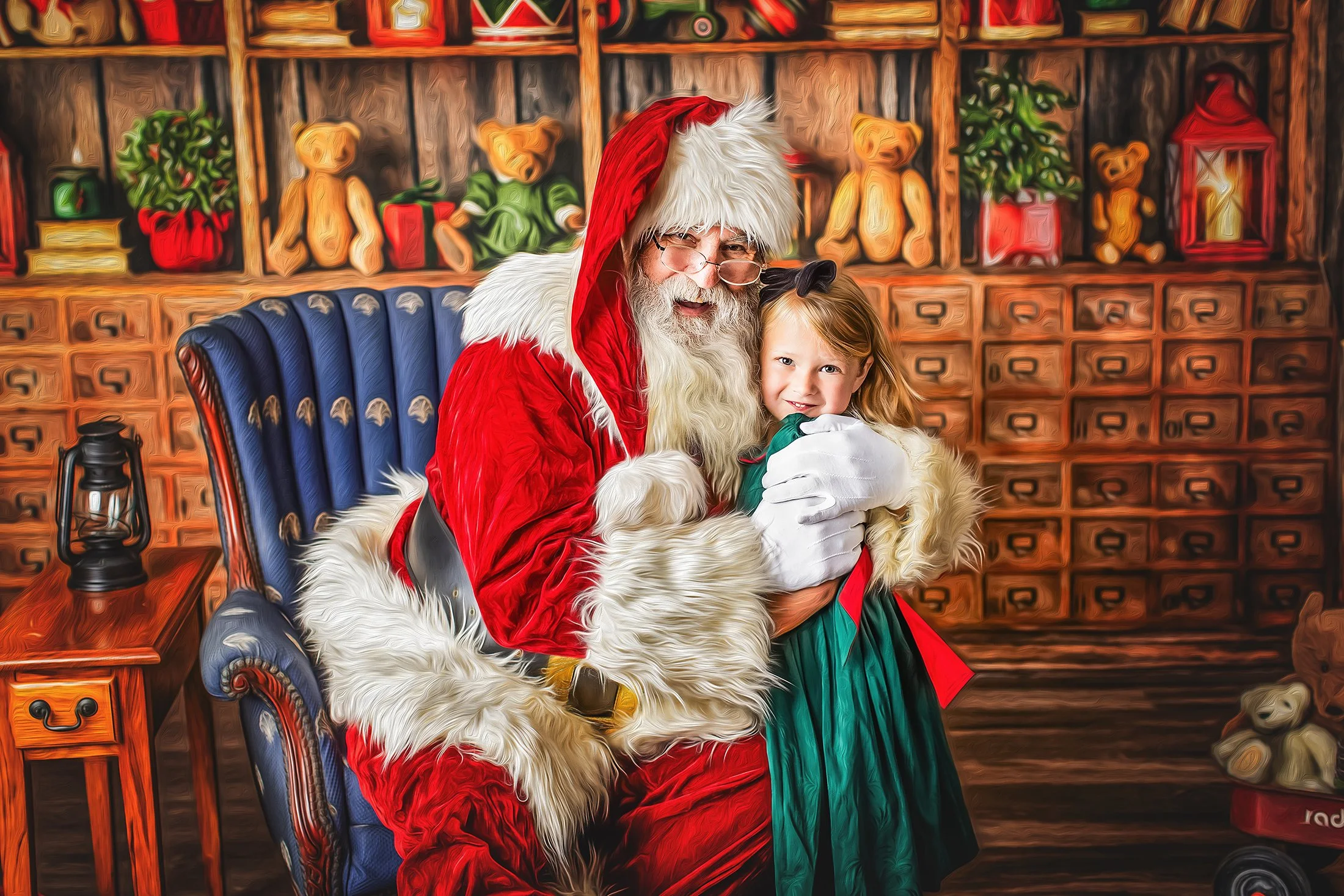 Santa reading a story to a child in his workshop